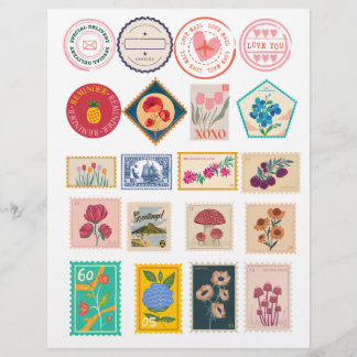 Vintage-Blumen-Briefmarken und Love Mail-Aufkleber