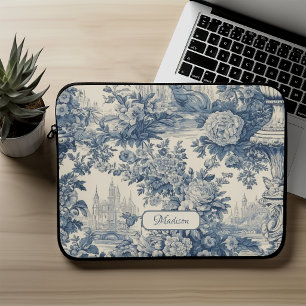 Vintage Blumen Chic Blaue Toile de Jouy Monogramm Laptopschutzhülle