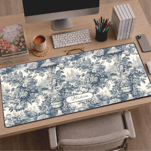 Vintage Blumen Chic Blaue Toile de Jouy Monogramm Schreibtischunterlage