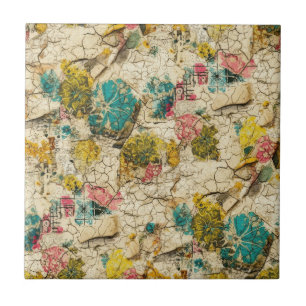 Vintage Blumen-Collage mit gealterter Papiertextur Fliese