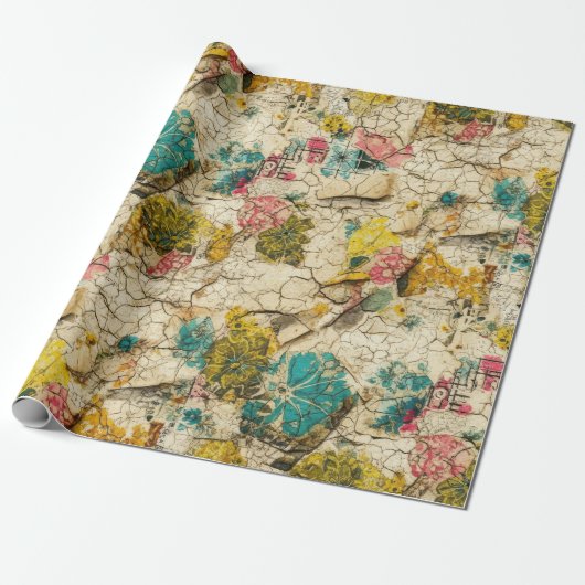 Vintage-Blumen-Collage mit gealterter Papiertextur Geschenkpapier (Ungerollt)