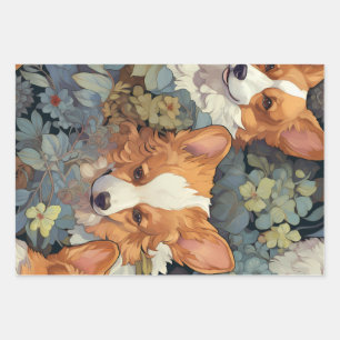 Vintage-Blumen-Corgi-Muster Süße botanische Hunde- Geschenkpapier Set