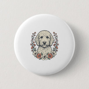 Vintage-Blumen-Curly-Hund-Porträt-T-Shirt-Design_1 Button