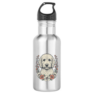 Vintage-Blumen-Curly-Hund-Porträt-T-Shirt-Design_1 Edelstahlflasche