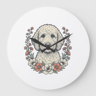 Vintage-Blumen-Curly-Hund-Porträt-T-Shirt-Design_1 Große Wanduhr