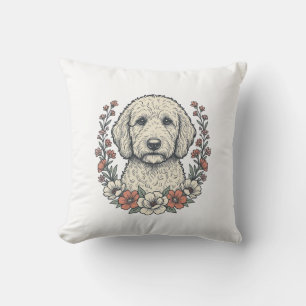 Vintage-Blumen-Curly-Hund-Porträt-T-Shirt-Design_1 Kissen