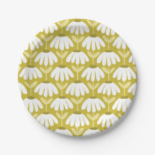 Vintage-Blumen-Daisy-Muster Oliv-/Senfgrau Pappteller