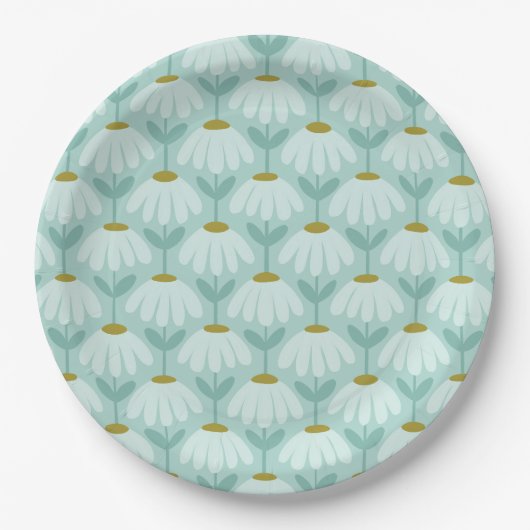 Vintage-Blumen-Daisy-Muster Teal Blau & Olive Pappteller (Vorderseite)
