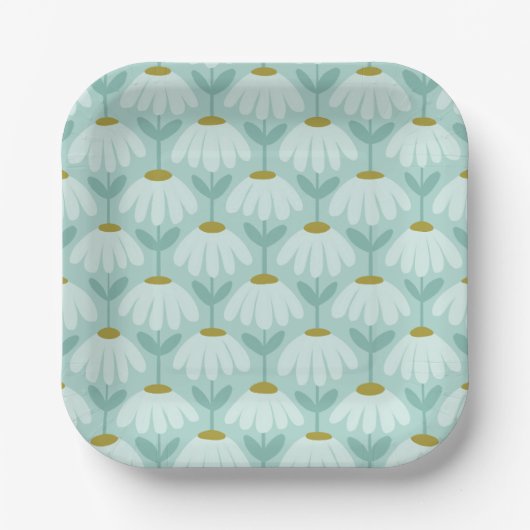 Vintage-Blumen-Daisy-Muster Teal Blau & Olive Pappteller (Vorderseite)