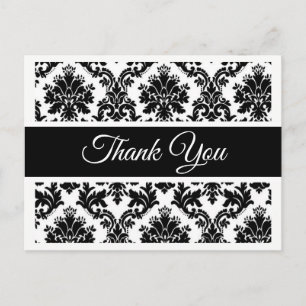 Vintage Blumen Dankeschön Schwarz und Weiß Damast Postkarte