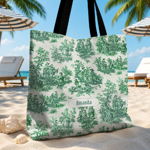 Vintage Blumen Grün Toile Jouy Monogramm Tasche