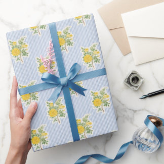 Vintage-Blumen-Hahnenfuß-Muster in Blau-Streifen Geschenkpapier