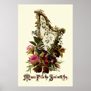 Vintage Blumen-Harfenmusik Poster