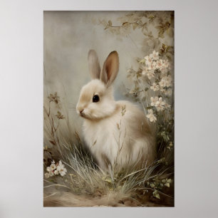 Vintage-Blumen-Hasen-Druck, Antiker Hase Poster