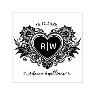 Vintage-Blumen-Herz-Monogramm Heiratsdatum Permastempel