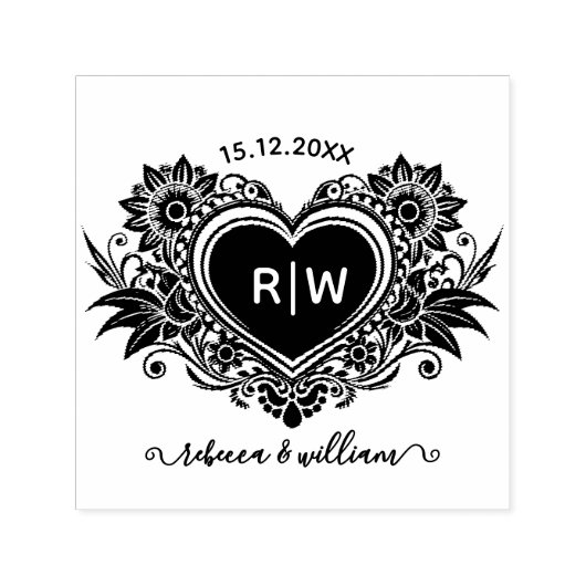 Vintage-Blumen-Herz-Monogramm Heiratsdatum  Permastempel (Design)
