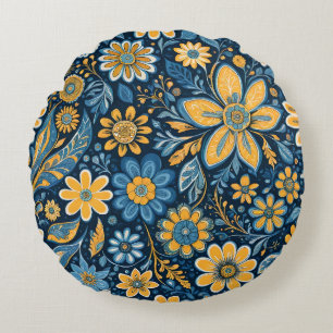Vintage-Blumen-Hippie-Design gelb blau Rundes Kissen