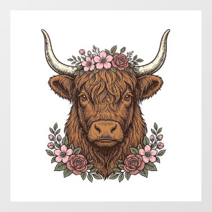Vintage-Blumen-Hochlandkuh-Vektor-Shirt-Design_1 Fensteraufkleber