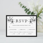 Vintage Blumen-Hochzeit in Schwarz-Weiß RSVP Karte (Stehend Vorderseite)