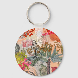 Vintage Blumen Hula Farbige Hawaiianische Tropen Schlüsselanhänger