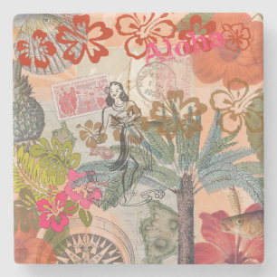 Vintage Blumen Hula Farbige Hawaiianische Tropen Steinuntersetzer