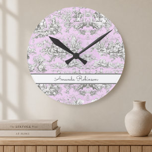 Vintage Blumen Lake rosa Toile de Jouy Monogramm Runde Wanduhr