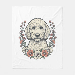 Vintage-Blumen-Lockenhund-Porträt-T-Shirt-Design_1 Fleecedecke