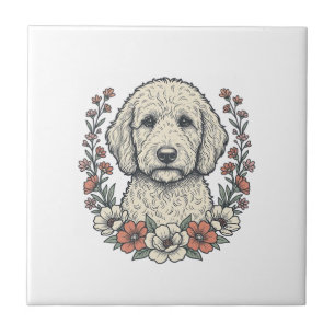Vintage-Blumen-Lockenhund-Porträt-T-Shirt-Design_1 Fliese