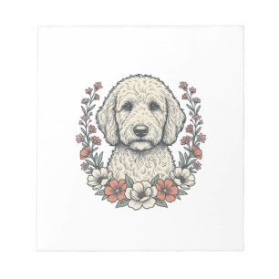Vintage-Blumen-Lockenhund-Porträt-T-Shirt-Design_1 Notizblock