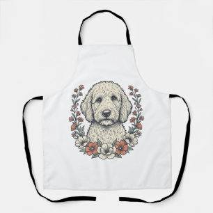Vintage-Blumen-Lockenhund-Porträt-T-Shirt-Design_1 Schürze