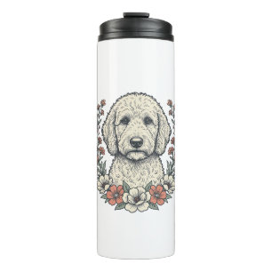 Vintage-Blumen-Lockenhund-Porträt-T-Shirt-Design_1 Thermosbecher
