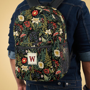 Vintage-Blumen-Monogramm in Rot, Weiß und Grün Lil Bedruckter Rucksack