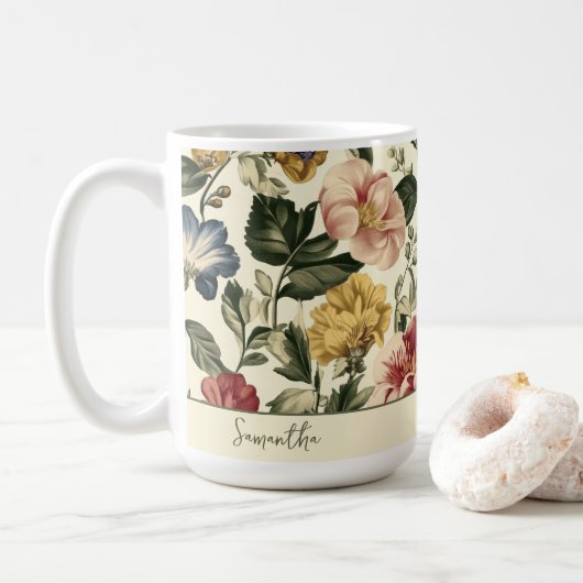 Vintage-Blumen-Monogramm-Name Kaffeetasse (Mit Donut)