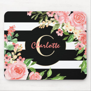 Vintage-Blumen-Monogramm Schwarz-Weiß-Gestreift Ma Mousepad