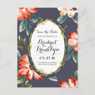vintage Blumen navy und gold Save-the-Date Ankündigungspostkarte