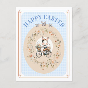 Vintage-Blumen-Osterhase Blau GinghamCheckNONAM Feiertagspostkarte