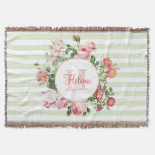 Vintage Blumen Pastellgrüne Streifen Monogramm Decke