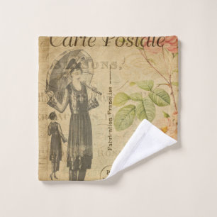 Vintage-Blumen-Postkarte einer Modefrau im französ Waschlappen