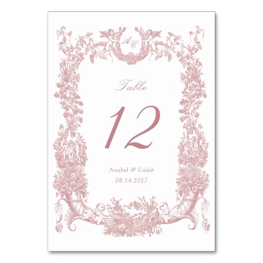 Vintage Blumen-Rahmen-Reben Blush Toile Hochzeit Tischnummer (Vorderseite)