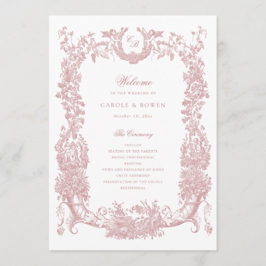 Vintage Blumen-Rahmen-Reben Toile Blush Hochzeit Programm (Vorderseite)