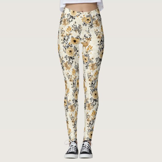 Vintage-Blumen-Rehkitz-Muster Leggings (Vorderseite)