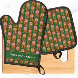 Vintage Blumen, rosa auf grünem Retro mit Monogram Ofenhandschuh & Topflappen-Set