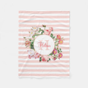 Vintage Blumen Rosa Streifen Monogramm Fleecedecke