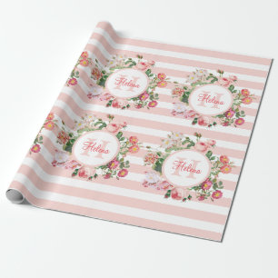 Vintage Blumen Rosa Streifen Monogramm Geschenkpapier