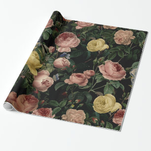 Vintage Blumen-Rosen und Iris-Muster-Dunkle Träum Geschenkpapier