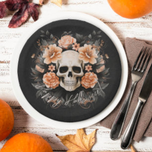 Vintage-Blumen-Schädel-Halloween Pappteller