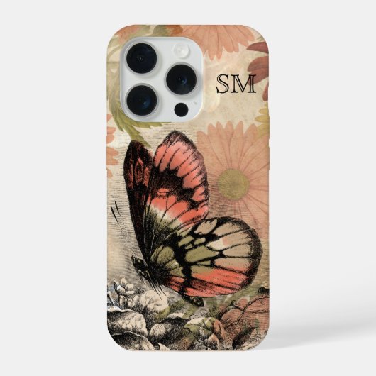 Vintage-Blumen-Schmetterling-Monogramm-Handyhülle iPhone Hülle (Rückseite)