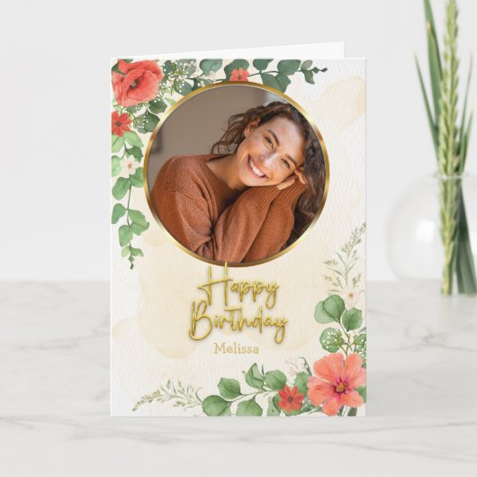 Vintage-Blumen-Script-Kreis-Foto-Geburtstag Karte (Vorderseite)