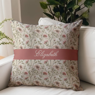 Vintage-Blumen-Script-Monogramm-Name Beige Kissen