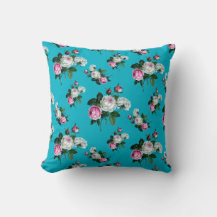 Vintage Blumen Shabby Chic, rosa weiße Rosen, Aqua Kissen